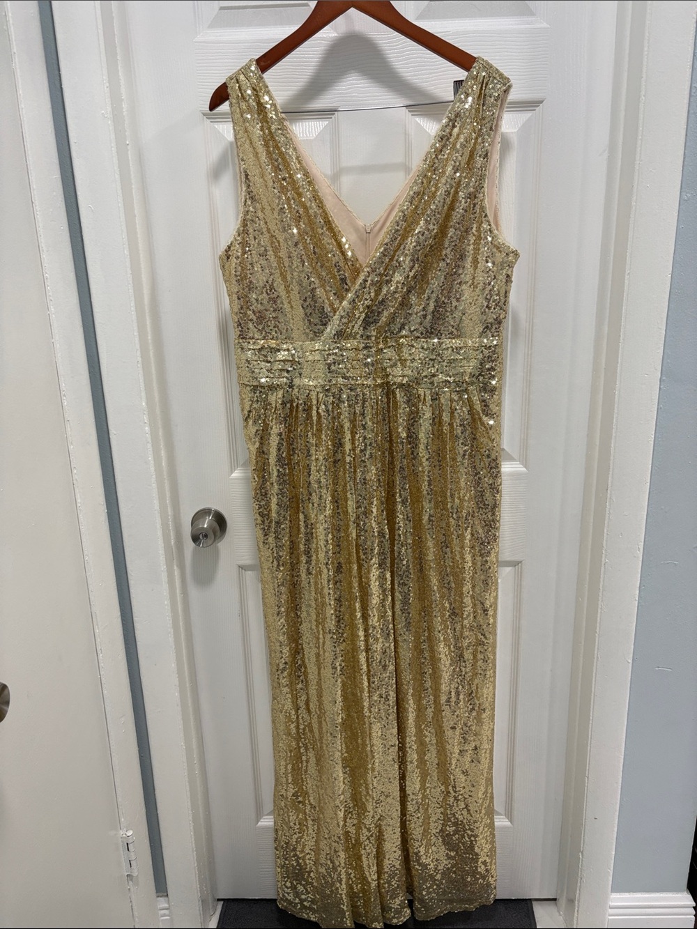 Gold Sequin Maxi Dress with V-Neck and Waist Detail